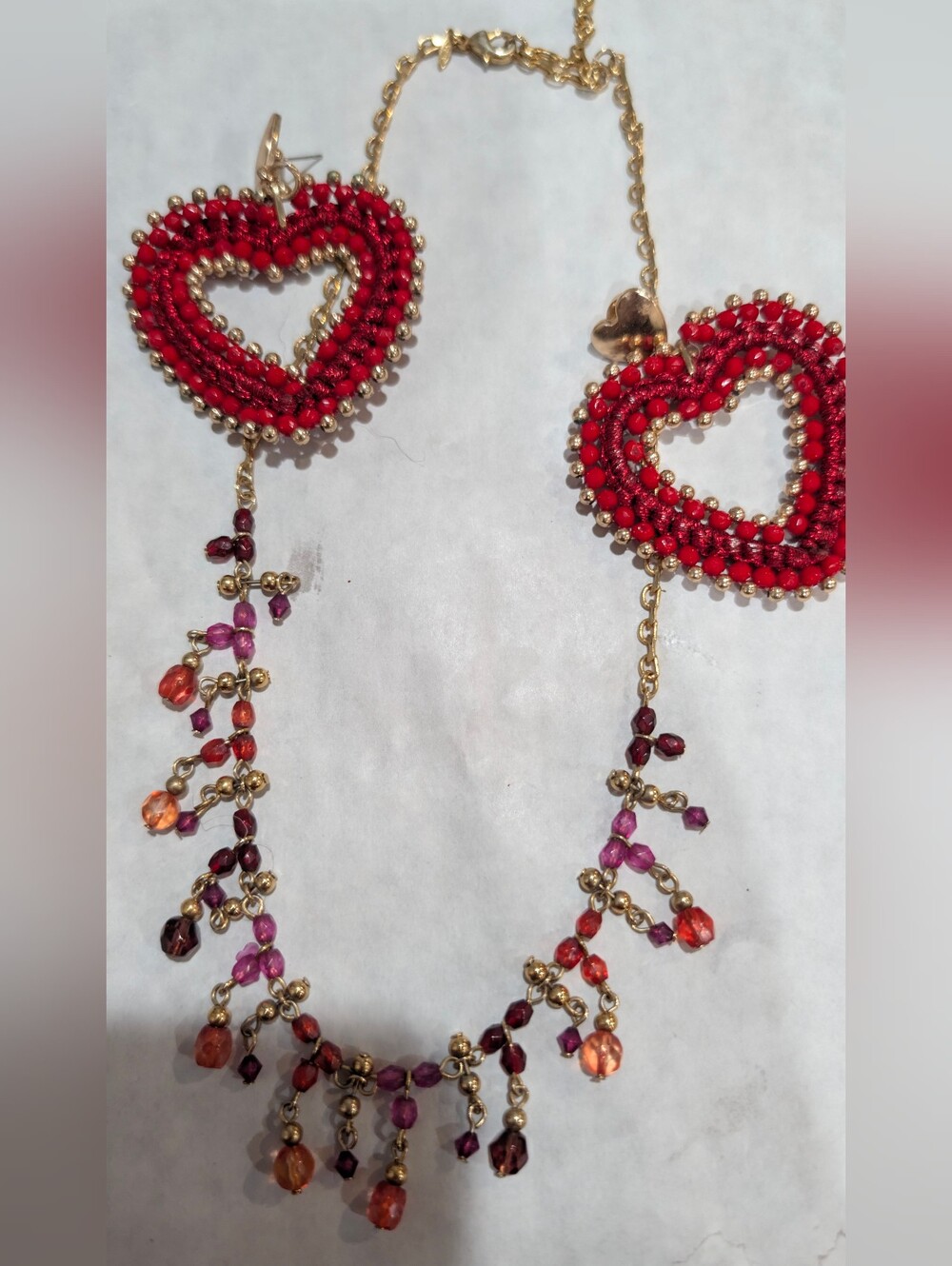 Red Heart Beaded Necklace and Earrings Set